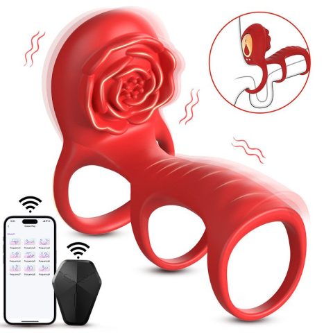 APP Controlled 9 Vibration Modes Triple Ring Cock Ring | Rose Design Delay Pleasure Toy for Couples