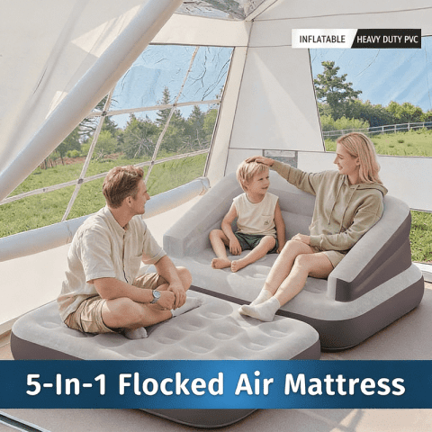 5-in-1 Flocked Inflatable Sofa & Air Mattress – Portable 2-Person Lounge for Indoor & Outdoor Camping