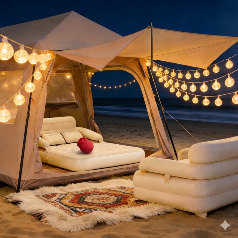 Camping Premium Luxury Intimate Bundle | Large Double Privacy Tent + Mattress + Inflatable Sofa + Ambient Lights + Care Kit
